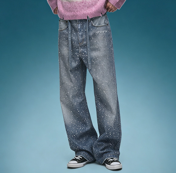 Custom Baggy Denim Jeans | Rhinestone Straight Leg Pants | Streetwear Apparel Manufacturer