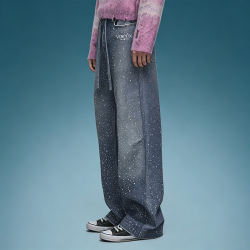 Custom Baggy Denim Jeans | Rhinestone Straight Leg Pants | Streetwear Apparel Manufacturer