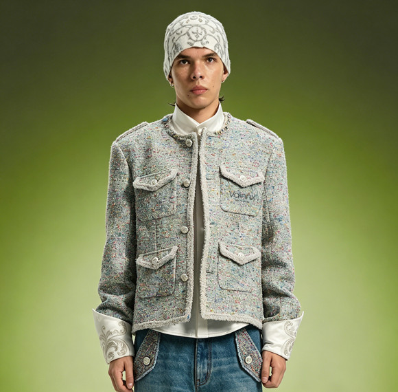 Vintage Wool Blend Tweed Jacket | Detachable Embroidered Cuffs Jacket | Streetwear Apparel Manufacturer