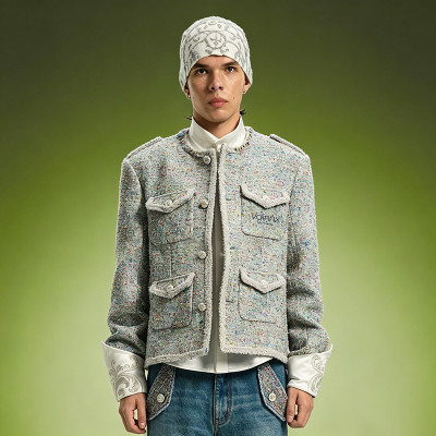 Vintage Wool Blend Tweed Jacket | Detachable Embroidered Cuffs Jacket | Streetwear Apparel Manufacturer