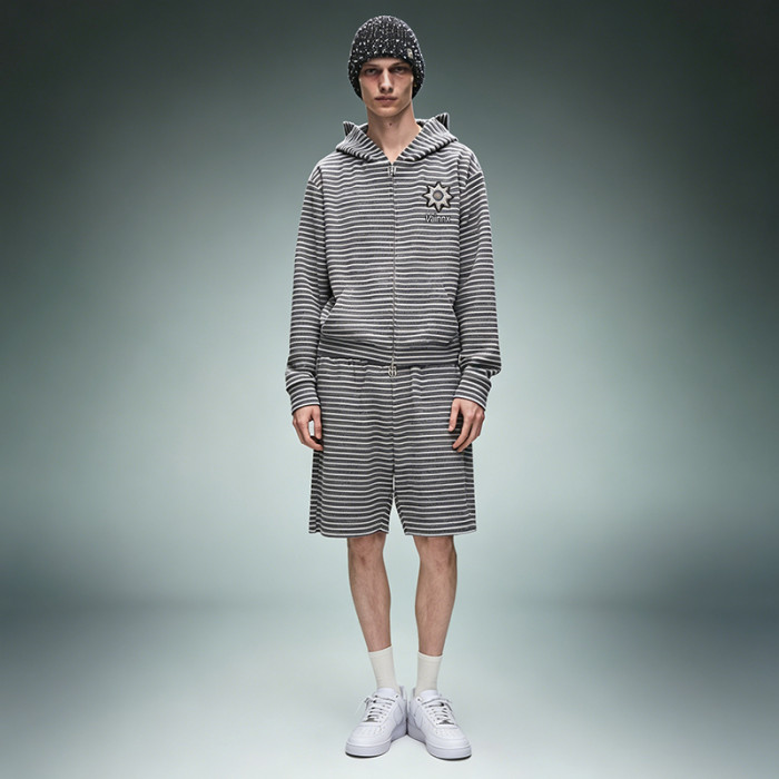 Custom Cotton Shorts Zip up Hoodie Tracksuit | Casual Striped Tracksuit | Streetwear Apparel Manufacturer