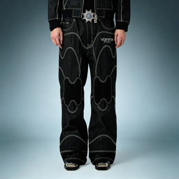 OEM Custom Wash Jeans | Black Wide Leg Raw Stripe Denim Pants | Streetwear Apparel Manufacturer