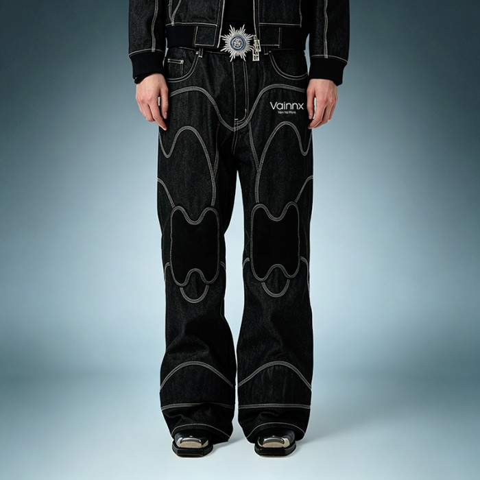 OEM Custom Wash Jeans | Black Wide Leg Raw Stripe Denim Pants | Streetwear Apparel Manufacturer