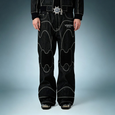 OEM Custom Wash Jeans | Black Wide Leg Raw Stripe Denim Pants | Streetwear Apparel Manufacturer