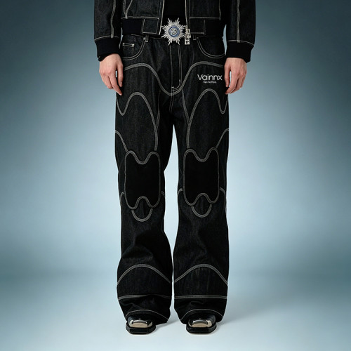 OEM Custom Wash Jeans | Black Wide Leg Raw Stripe Denim Pants | Streetwear Apparel Manufacturer