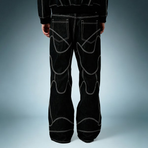 OEM Custom Wash Jeans | Black Wide Leg Raw Stripe Denim Pants | Streetwear Apparel Manufacturer