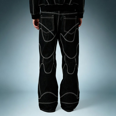 OEM Custom Wash Jeans | Black Wide Leg Raw Stripe Denim Pants | Streetwear Apparel Manufacturer