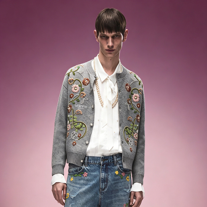 Custom Men's Casual Streetwear Sweater | Floral Embroidery Cardigan Sweater | V-Neck Knitwear