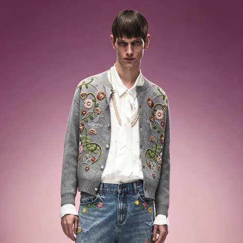 Custom Men's Casual Streetwear Sweater | Floral Embroidery Cardigan Sweater | V-Neck Knitwear