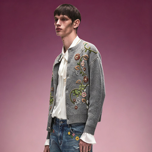 Custom Men's Casual Streetwear Sweater | Floral Embroidery Cardigan Sweater | V-Neck Knitwear