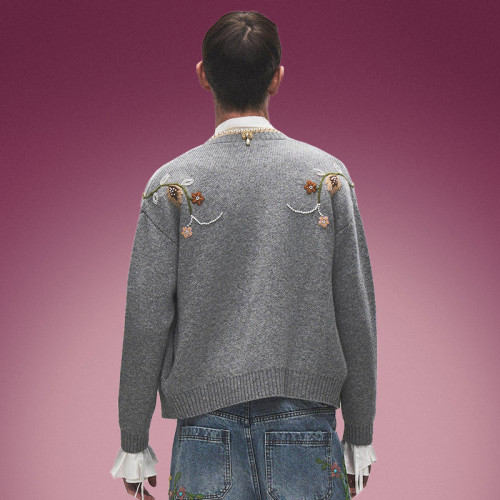 Custom Men's Casual Streetwear Sweater | Floral Embroidery Cardigan Sweater | V-Neck Knitwear