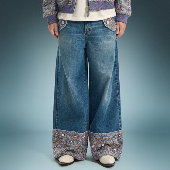 Custom Luxury Rhinestone Jeans | Vintage Washed Wide Leg Denim Jeans | Streetwear Apparel Manufacturer