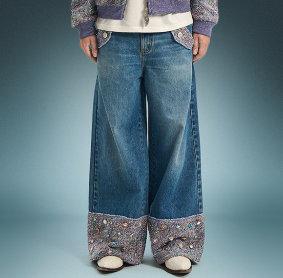 Custom Luxury Rhinestone Jeans | Vintage Washed Wide Leg Denim Jeans | Streetwear Apparel Manufacturer