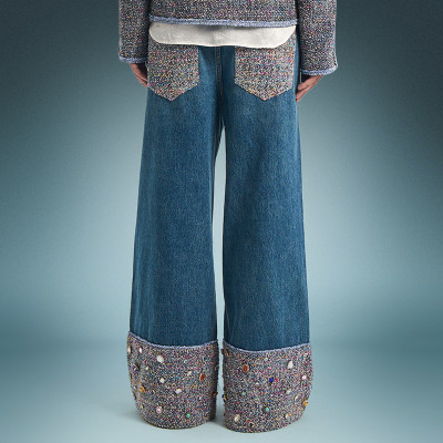 Custom Luxury Rhinestone Jeans | Vintage Washed Wide Leg Denim Jeans | Streetwear Apparel Manufacturer