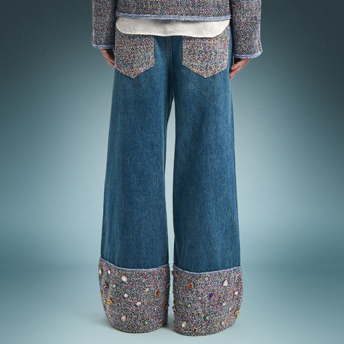 Custom Luxury Rhinestone Jeans | Vintage Washed Wide Leg Denim Jeans | Streetwear Apparel Manufacturer