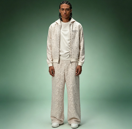 Custom Jacquard Rhinestone Tracksuit | Streetwear Zip Hoodie Baggy Pants Set | Luxury High Quality Sweatsuit
