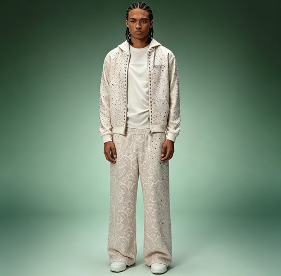 Custom Jacquard Rhinestone Tracksuit | Streetwear Zip Hoodie Baggy Pants Set | Luxury High Quality Sweatsuit