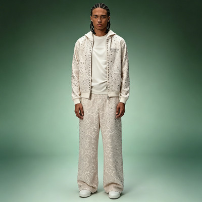 Custom Jacquard Rhinestone Tracksuit | Streetwear Zip Hoodie Baggy Pants Set | Luxury High Quality Sweatsuit