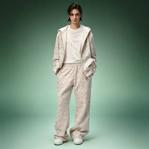 Custom Jacquard Rhinestone Tracksuit | Streetwear Zip Hoodie Baggy Pants Set | Luxury High Quality Sweatsuit