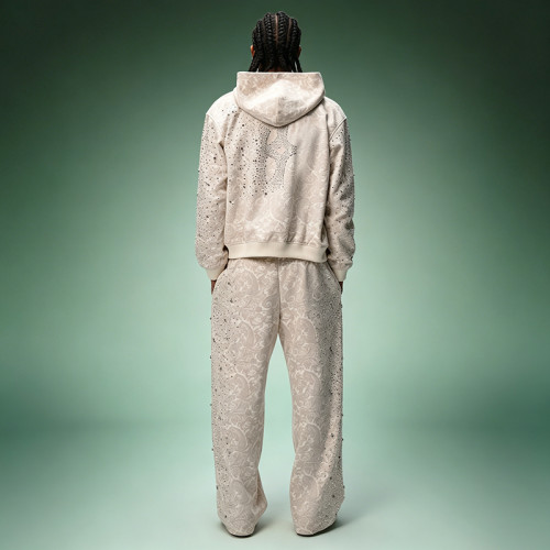 Custom Jacquard Rhinestone Tracksuit | Streetwear Zip Hoodie Baggy Pants Set | Luxury High Quality Sweatsuit