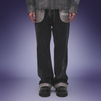 Custom Heavyweight Raw Denim Jeans | Washed Wide Leg Denim Jeans | Contrast Rolled Cuffs Pants