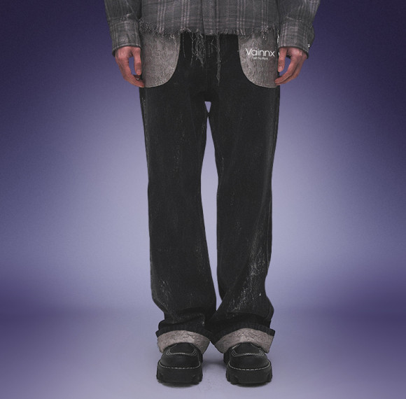 Custom Heavyweight Raw Denim Jeans | Washed Wide Leg Denim Jeans | Contrast Rolled Cuffs Pants