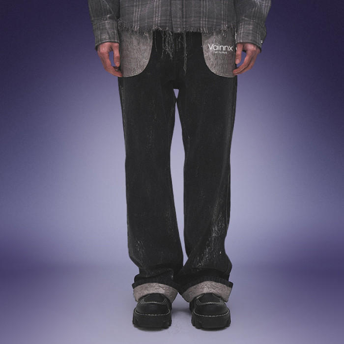 Custom Heavyweight Raw Denim Jeans | Washed Wide Leg Denim Jeans | Contrast Rolled Cuffs Pants