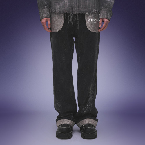 Custom Heavyweight Raw Denim Jeans | Washed Wide Leg Denim Jeans | Contrast Rolled Cuffs Pants