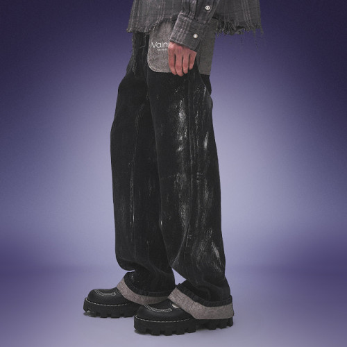 Custom Heavyweight Raw Denim Jeans | Washed Wide Leg Denim Jeans | Contrast Rolled Cuffs Pants