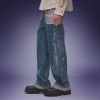Custom Heavyweight Raw Denim Jeans | Washed Wide Leg Denim Jeans | Contrast Rolled Cuffs Pants