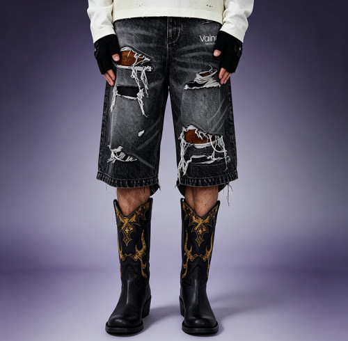 Custom Men's Denim Shorts | Washed Distressed Denim Shorts | Multi Layer Ripped Baggy Fit Shorts