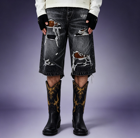 Custom Men's Denim Shorts | Washed Distressed Denim Shorts | Multi Layer Ripped Baggy Fit Shorts