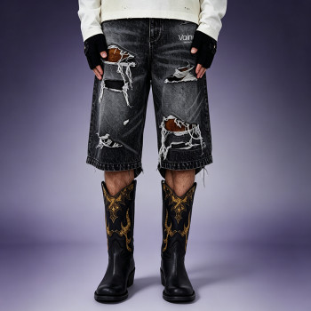 Custom Men's Denim Shorts | Washed Distressed Denim Shorts | Multi Layer Ripped Baggy Fit Shorts