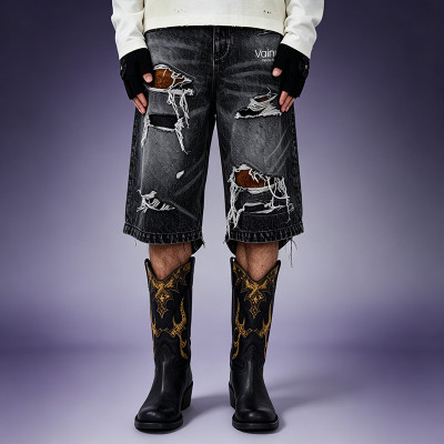 Custom Men's Denim Shorts | Washed Distressed Denim Shorts | Multi Layer Ripped Baggy Fit Shorts