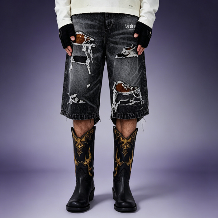 Custom Men's Denim Shorts | Washed Distressed Denim Shorts | Multi Layer Ripped Baggy Fit Shorts
