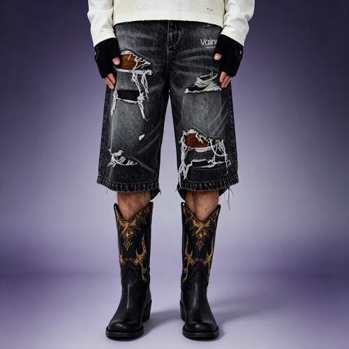 Custom Men's Denim Shorts | Washed Distressed Denim Shorts | Multi Layer Ripped Baggy Fit Shorts