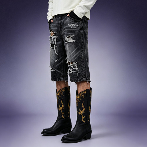 Custom Men's Denim Shorts | Washed Distressed Denim Shorts | Multi Layer Ripped Baggy Fit Shorts