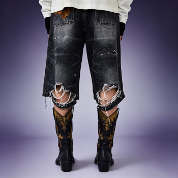 Custom Men's Denim Shorts | Washed Distressed Denim Shorts | Multi Layer Ripped Baggy Fit Shorts