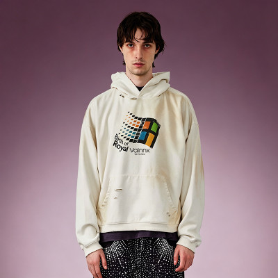 Custom DTG Print Hoodie | Dirty Washed Ripped Oversized Hoodie | Vintage Streetwear Sweatshirt