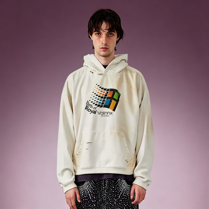 Custom DTG Print Hoodie | Dirty Washed Ripped Oversized Hoodie | Vintage Streetwear Sweatshirt