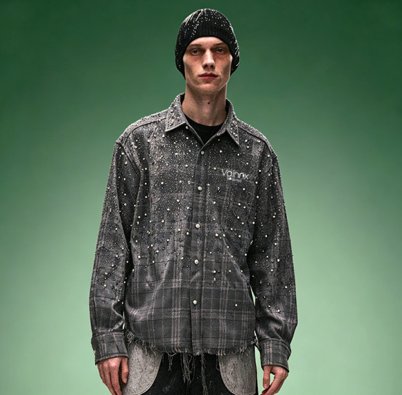 Custom 260 Gsm Cotton Vintage Shirt | Rhinestone Plaid Oversize Shirt | Men's Streetwear Shirt
