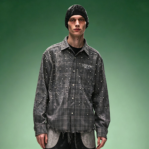 Custom 260 Gsm Cotton Vintage Shirt | Rhinestone Plaid Oversize Shirt | Men's Streetwear Shirt