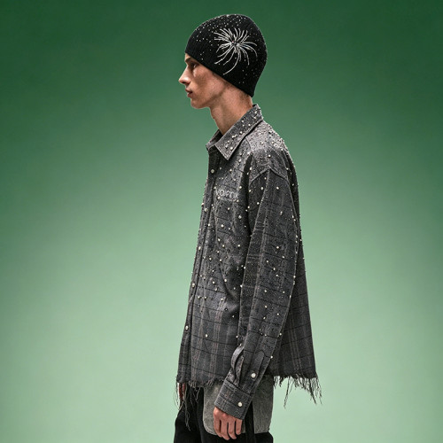Custom 260 Gsm Cotton Vintage Shirt | Rhinestone Plaid Oversize Shirt | Men's Streetwear Shirt