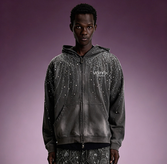 Custom Acid Wash Hoodie | Rhinestone Zip Up Fleece Hoodie | Streetwear Hoodie Manufacturer