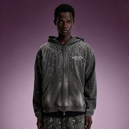 Custom Acid Wash Hoodie | Rhinestone Zip Up Fleece Hoodie | Streetwear Hoodie Manufacturer