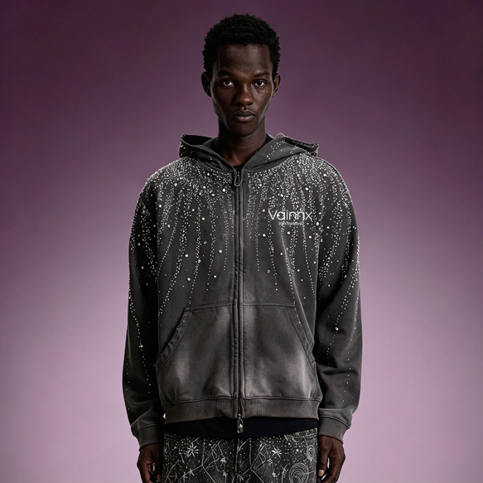 Custom Acid Wash Hoodie | Rhinestone Zip Up Fleece Hoodie | Streetwear Hoodie Manufacturer