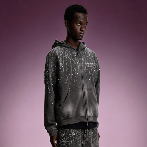 Custom Acid Wash Hoodie | Rhinestone Zip Up Fleece Hoodie | Streetwear Hoodie Manufacturer