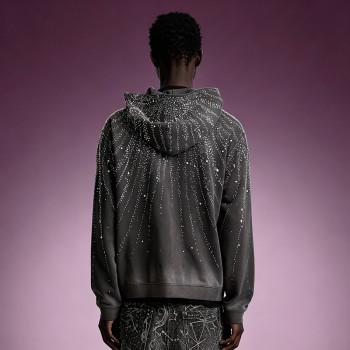 Custom Acid Wash Hoodie | Rhinestone Zip Up Fleece Hoodie | Streetwear Hoodie Manufacturer