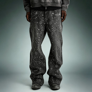 Custom Streetwear Washed Jeans | Wide Leg Rhinestone Denim Pants | High Quality High Waist Jeans