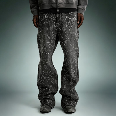 Custom Streetwear Washed Jeans | Wide Leg Rhinestone Denim Pants | High Quality High Waist Jeans